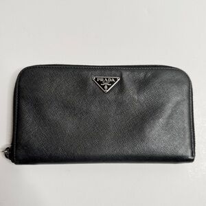 Prada Long Saffiano Leather Zippered Wallet - black - missing zipper pull